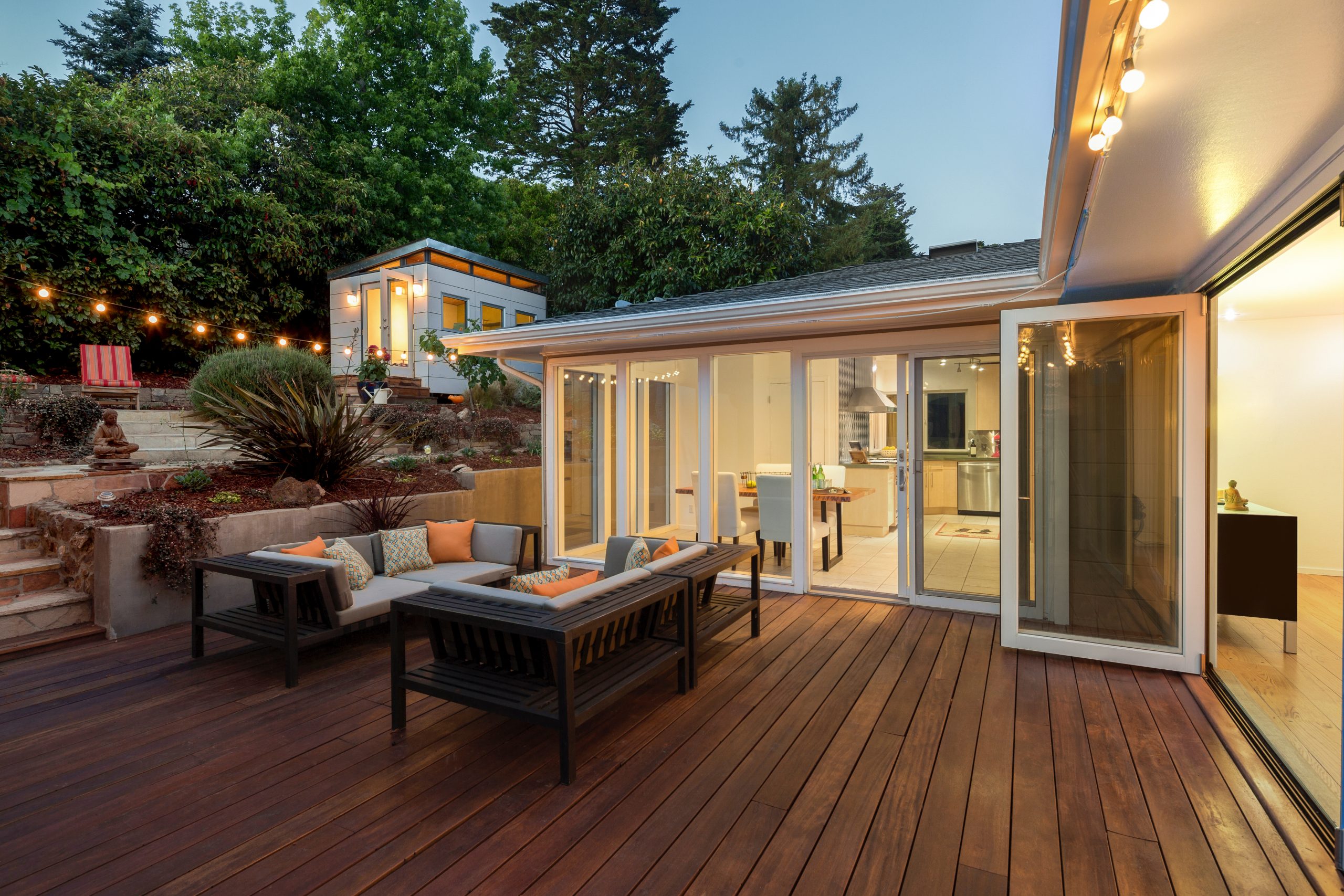 Amazing furniture patio / wooden deck at twilight.