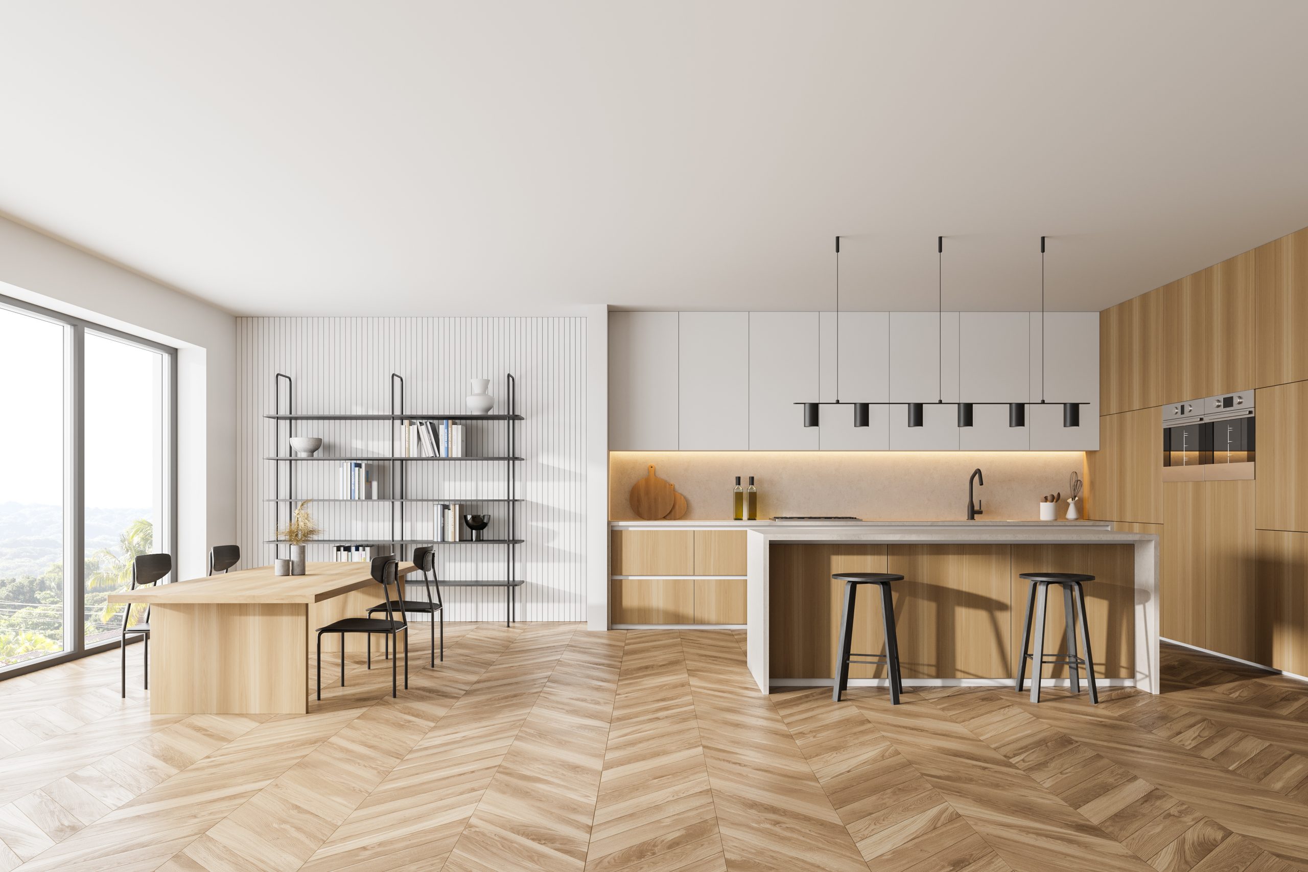 Wooden kitchen room with dining table and chairs, parquet floor